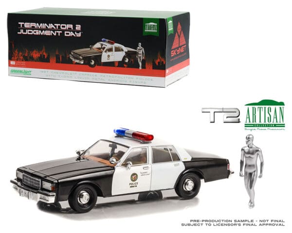 Greenlight 1:18 1987 Chevrolet Caprice Metropolitan Police with T-1000 Liquid Metal Android Figure – Terminator 2: Judgment Day (1991) – Artisan Collection