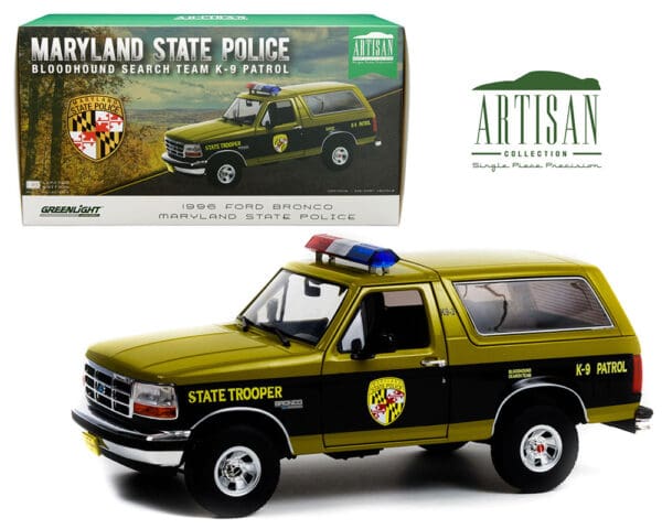 Greenlight 1:18 1996 Ford Bronco – Maryland State Police State Trooper – Bloodhound Search Team K9 Patrol – Artisan Collection