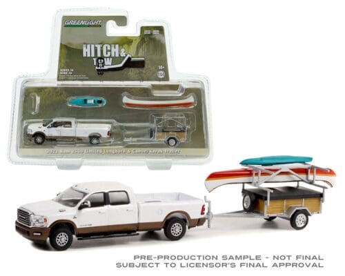 Greenlight 1:64 Hitch & Tow Series 26 – 2022 Ram 2500 Limited Longhorn Bright White & Walnut Brown with Canoe Trailer with Canoe Rack, Canoe, and Kayak