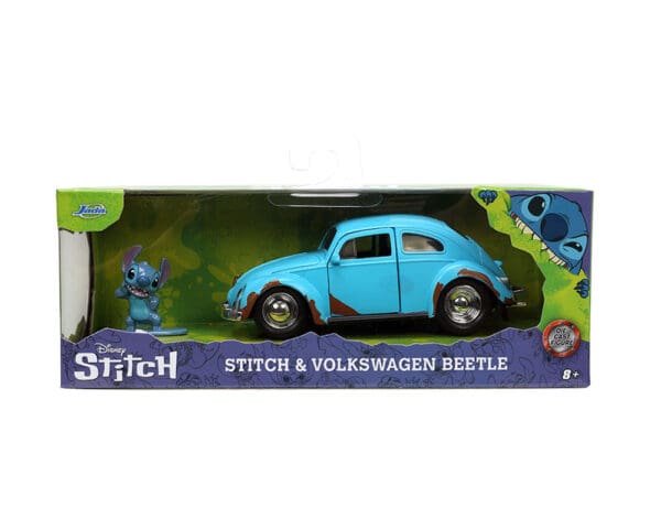 Jada 1:32 Volkswagen Beetle (Blue with Dirt) and Stitch Figure – Disney Stitch – Hollywood Rides