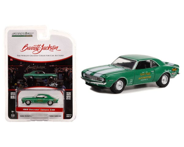 Greenlight 1:64 Barrett-Jackson Series 10 – 1969 Chevrolet Camaro Z/28 (Green Metallic with White Stripes) – Tony Pizzi Automotive