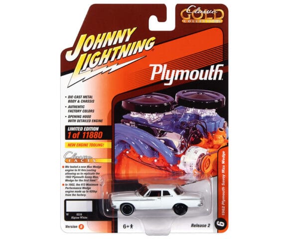 Johnny Lightning 1:64 1962 Plymouth Savoy Max Wedge (Alpine White) – Classic Gold 2022 Release 2 Version B