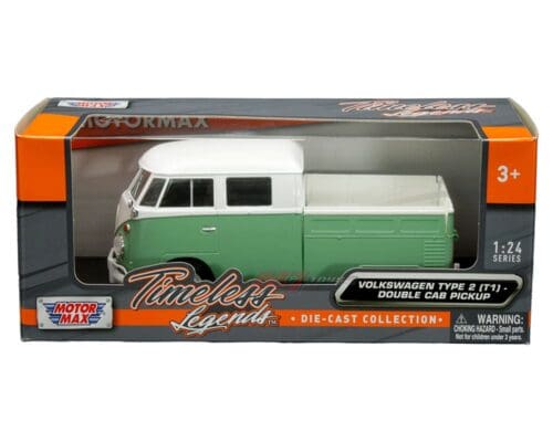 Motormax 1:24 Volkswagen Type 2 (T1) Double Cab Pickup Truck 2-Tone (White/Green) – Timeless Legends