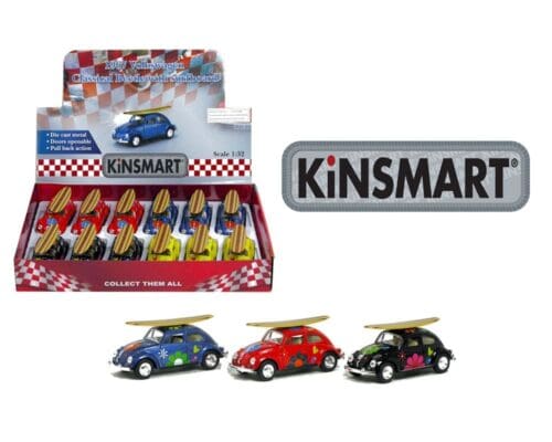 Kinsmart 1:32 1967 Volkswagen Classical Beetle with Flowers and Long Board 5″ – Display Tray Set of 12