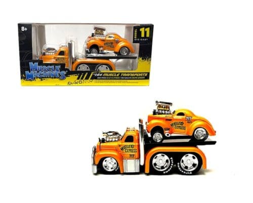 Muscle Machines 1:64 1953 Mack B-61 Flatbed with 1941 Willys Coupe Orange – Muscle Transports