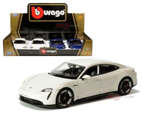 Bburago 1:24 Porsche Taycan Turbo S (White, Blue) – Display Tray Set of 4