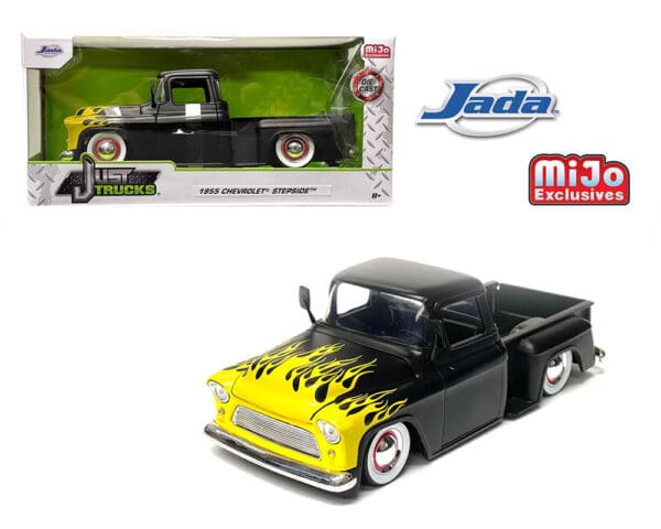 Jada 1:24 1955 Chevrolet Stepside Truck (Matte Black with Yellow Flames)  – Just Trucks – MiJo Exclusives