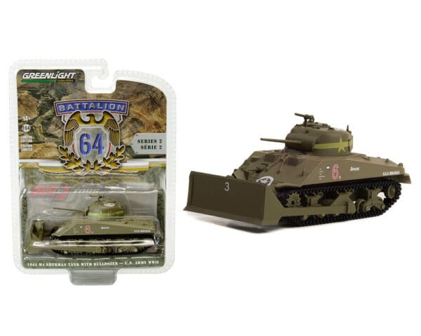 Greenlight 1:64 1944 M4 Sherman Dozer Tank with Bulldozer Pusher Blade – Battalion 64 Series 2