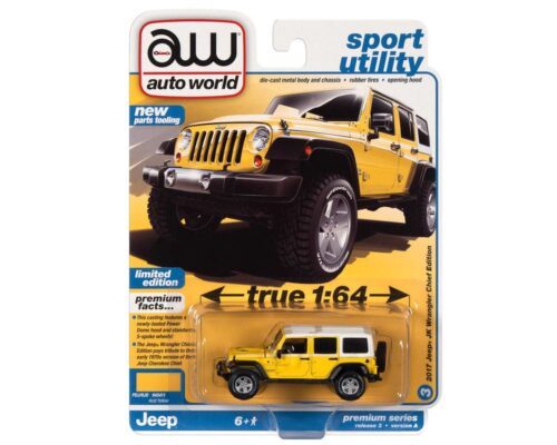 Auto World 1:64 Premium 2022 Release 3A – 2017 Jeep JK Wrangler Chief Edition – Yellow With White Top