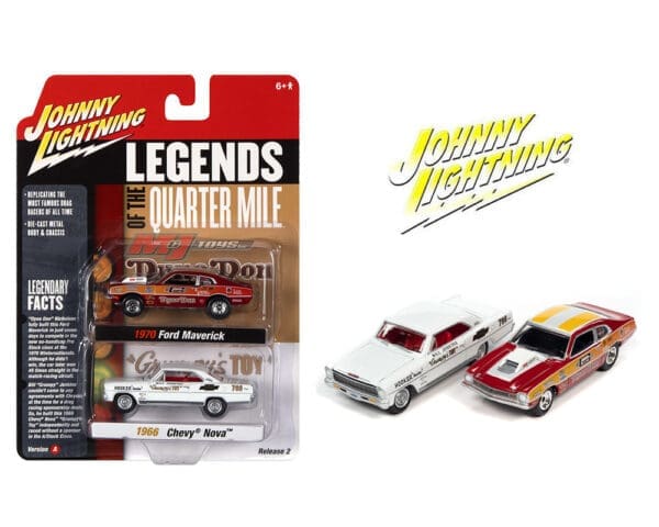 Johnny Lightning 1:64 2 Pack 1970 Ford Maverick & 1966 Chevrolet Nova Release A – Legends Of The Quarter Mile