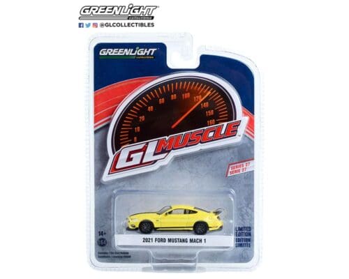 Greenlight 1:64 GL Muscle Series 27 – 2021 Ford Mustang Mach 1 (Grabber Yellow with Black Stripes) Solid Pack