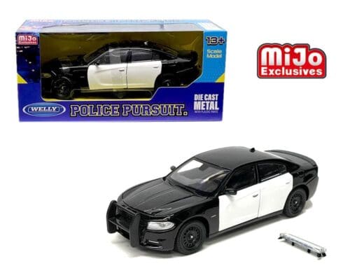 Welly 1:24 2016 Dodge Charger R/T Police Pursuit (Plain Black & White Two-Tone) MiJo Exclusives