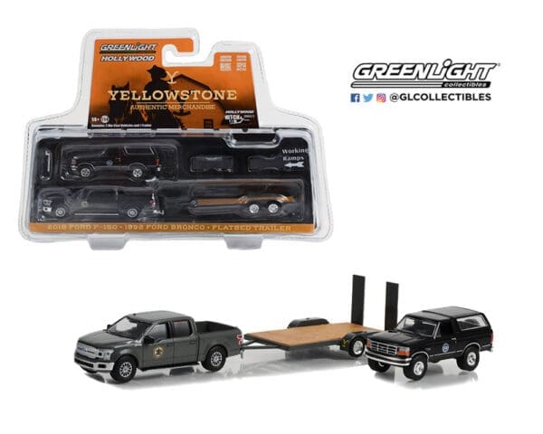 Greenlight 1:64 Hollywood Hitch & Tow Series 11- Montana Livestock Association- 2018 Ford F-150 Pickup with 1992 Ford Bronco on Flatbed Trailer – Yellowstone (TV Series 2018-Current)