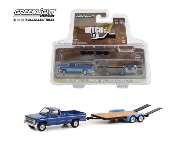 Greenlight 1:64 Hitch & Tow Series 27 – 1981 Chevrolet C-20 Trailering Special Pickup with Flatbed Trailer