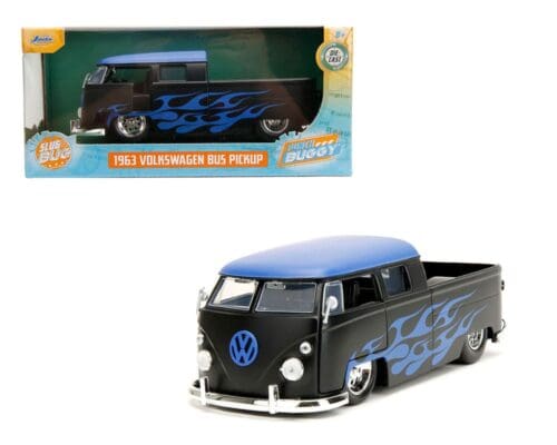 Jada 1:24 1963 Volkswagen Bus Pickup (Matte Black with Blue Roof and Flames) – Slug Bug – Punch Buggy