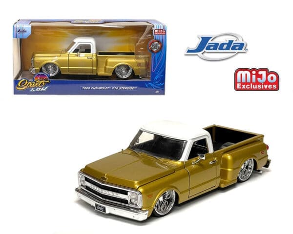 Jada 1:24 1969 Chevrolet C10 Stepside Lowriders ( Two-Tone Gold White) – Street Low – MiJo Exclusives Limited Edition