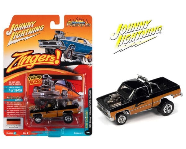 Johnny Lightning 1:64 1985 Chevrolet Silverado C10 Fleetside (Sunset Orange Metallic & Gloss Black) – Zingers! – Street Freaks 2022 Release 1 Version B