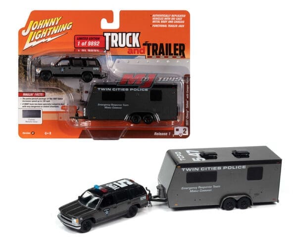 Johnny Lightning 1:64 1997 Chevrolet  Tahoe with Camper Trailer (Custom Metallic Gray) – Twin Cities Police – Truck and Trailer Release 1 Version A