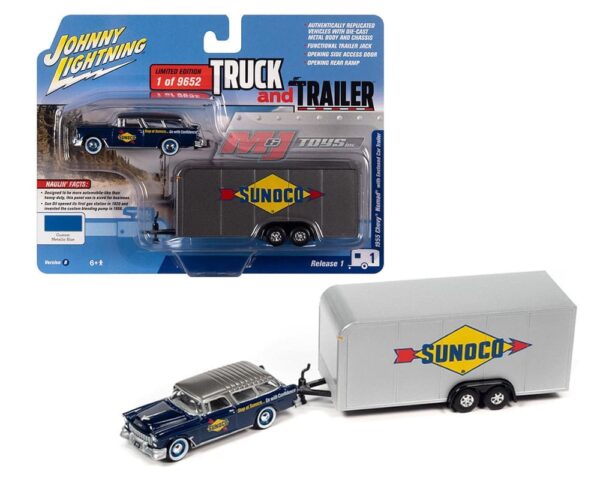 Johnny Lightning 1:64 1955 Chevrolet Nomad with Enclosed Car Trailer (Custom Metallic Blue) Sunoco – Truck and Trailer Release 1 Version B