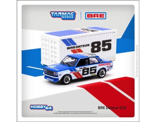 Tarmac Works 1:64 BRE Datsun 510 #85 (Two-Tone Blue/White) with Container