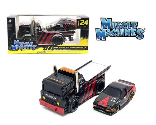 Muscle Machines 1:64 JDM Flatbed & 1983 Toyota Trueno Sprinter ADVAN – Black – Muscle Transports Model 24