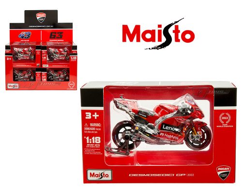 Maisto 1:18 Ducati Desmosedici GP 2022 Team World Champion – #63 Frencesco Bagnaia / #43 Jack Miller – Tabletop Display Set of 12