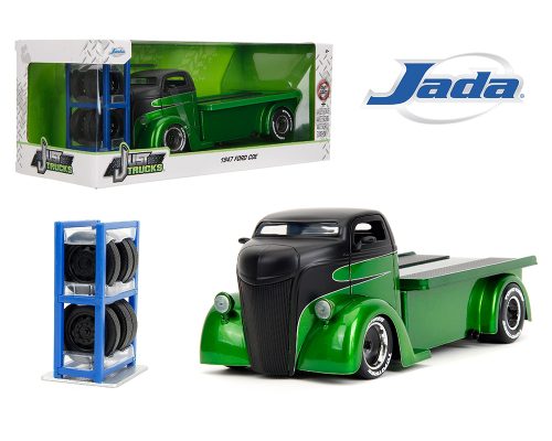 Jada 1:24 1947 Ford COE – Candy Green and Matte Black – Just Trucks with Rack and Extra Wheels