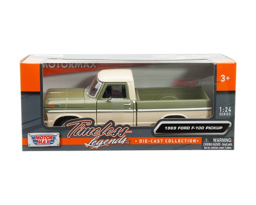 Motormax 1:24 1969 Ford F-100 Pickup – Olive Green and Cream 2-Tone – Timeless Legends