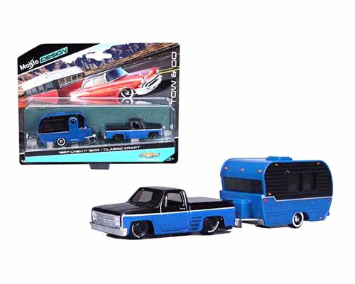 Maisto 1:64 1987 Chevrolet 1500 With Classic Craft Trailer (Blue/Black) – Tow & Go Design