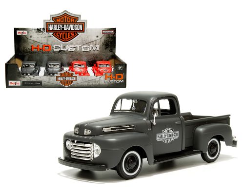 Maisto 1:24 1948 Ford F-1 Pickup truck – Matte Black, Red – Harley-Davidson Custom – Display Tray Set of 4