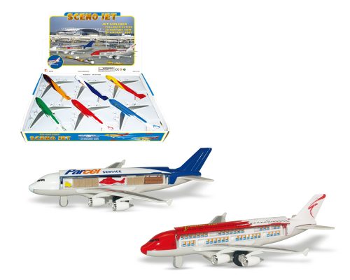 Sceno Jet Airliner 7.5″ Aircraft with Opening Fuselage – 6 Colors – Display Tray Set of 6