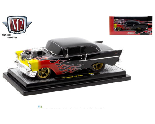 (Preorder) M2 Machines 1:24 1957 Chevrolet 150 Sedan – Black with Flames – Ground Pounders – Release 122 Version A