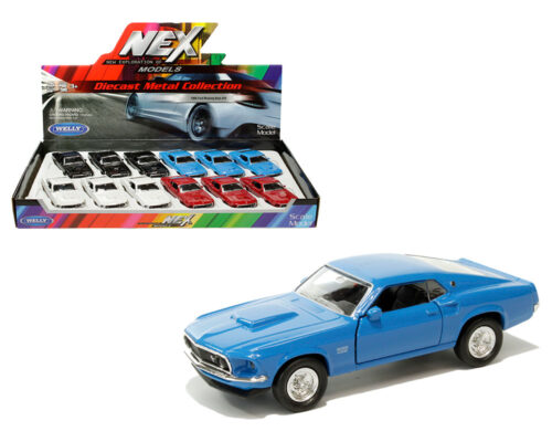 Welly 4.75″ 1969 Ford Mustang Boss 429 P/B (Black-Blue-Red) – Display Tray Box Set of 12