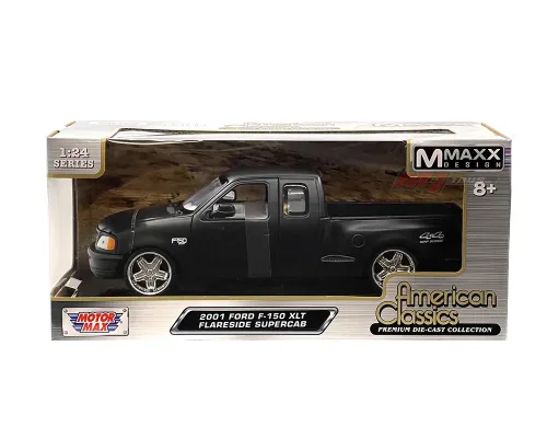 Motormax 1:24 2001 Ford F-150 XLT Flareside Supercab with Custom Wheels – Matte Black – American Classics Mmaxx Design