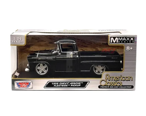 Motormax 1:24 1958 Chevrolet Apache Fleetside Pickup with Custom Wheels – Black – American Classics Mmaxx Design