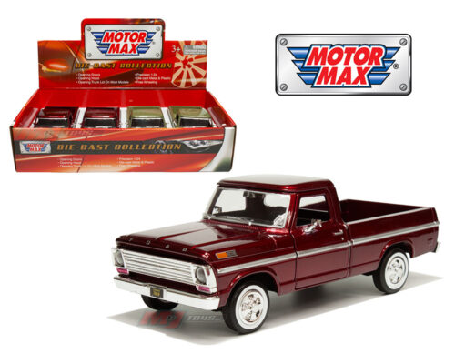 Motormax 1:24 1969 Ford F-100 Pickup – Olive Green, Burgundy – Display Tray Set of 4