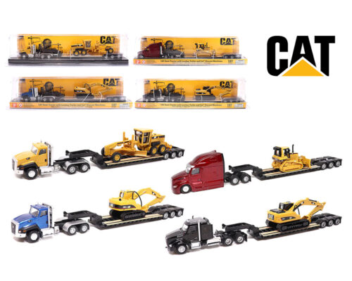 (Preorder) Diecast Masters 1:87 Cat Semi Tractor with Lowboy Trailer and Cat Diecast Machines Assortment