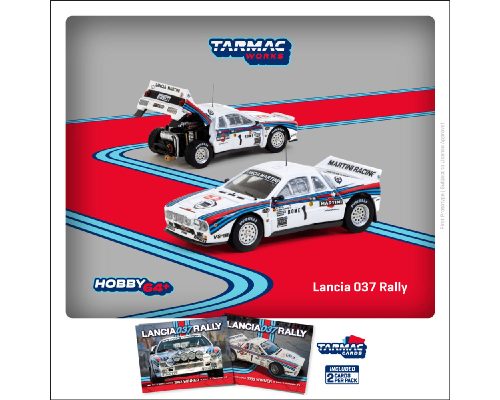 (Preorder) Tarmac Works 1:64 Lancia 037 Rally Rally Monte Carlo 1983 Winner W. Rohrl / C. Geistdorfer with Trading Cards- Hobby64