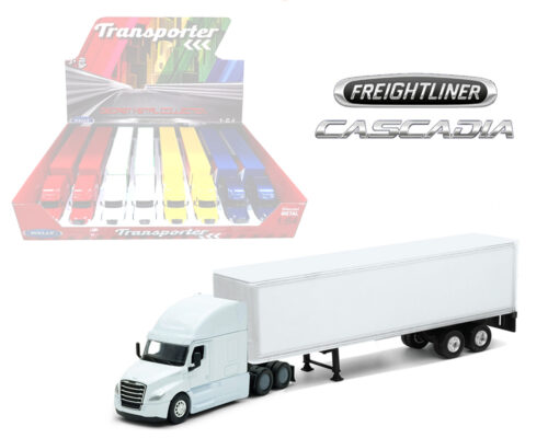 Welly 1:64 Freightliner Cascadia Tractor Trailer All White- Transporter – Display Tray Set of 8